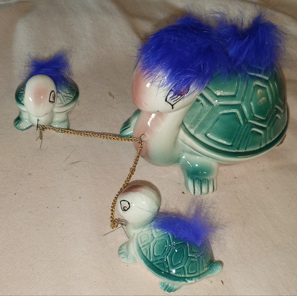 vintage Japan Ceramic Turtle Family Chained With Fur